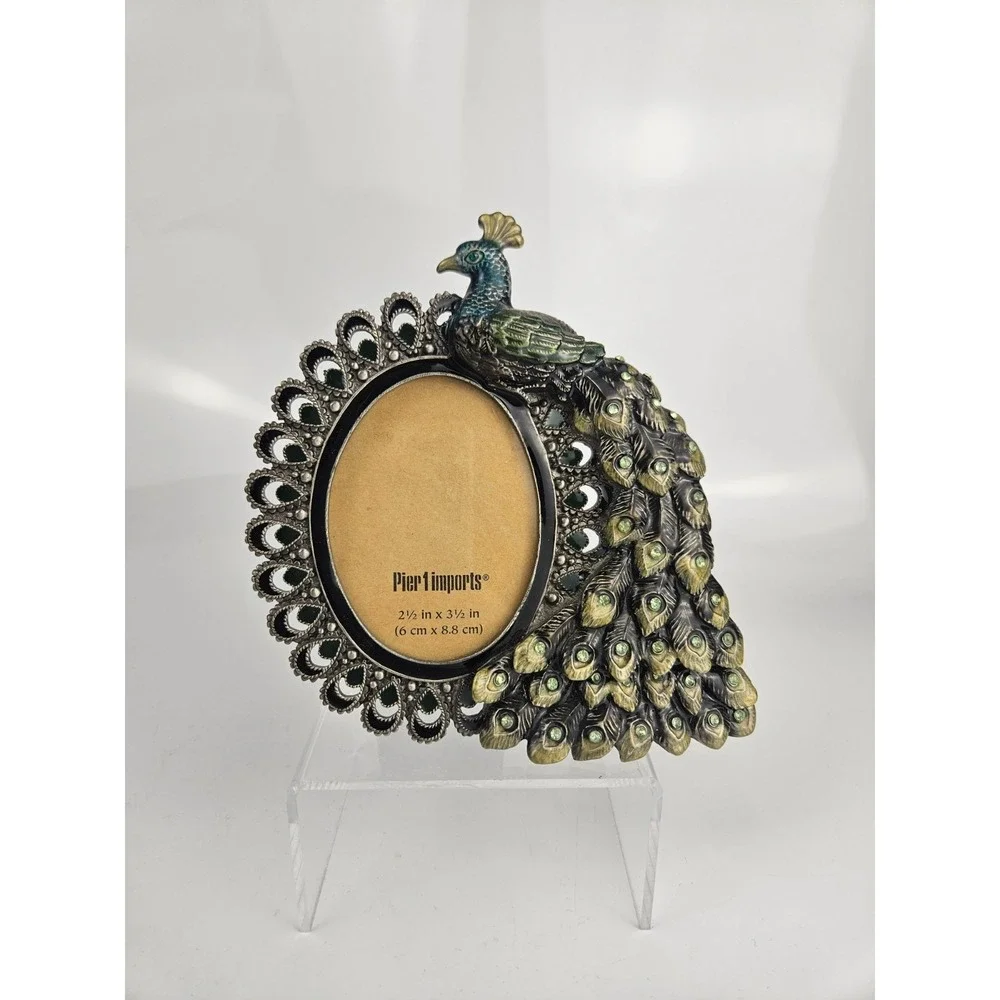 Pier1 Imports Peacock Figural Enamel Rhinestone Photo Frame Oval 2.5x3.5 Jeweled